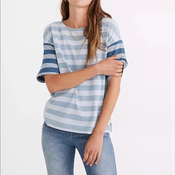 MADEWELL Indigo Stripe-Block t-shirt in light blue Size Small - Picture 1 of 11